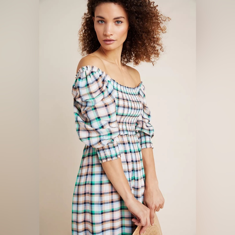Anthropologie Maeve Cerie Smocked Midi Dress Large Petite Summer Fall Plaid NWOT - Picture 3 of 9